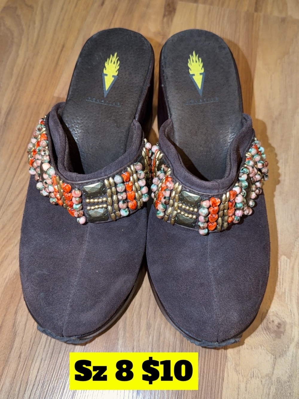 Volatile Beaded Suede Clogs - Dark Brown with Orange & Mint Beads